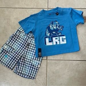 LRG Blue Bear Tee with Plaid Shorts